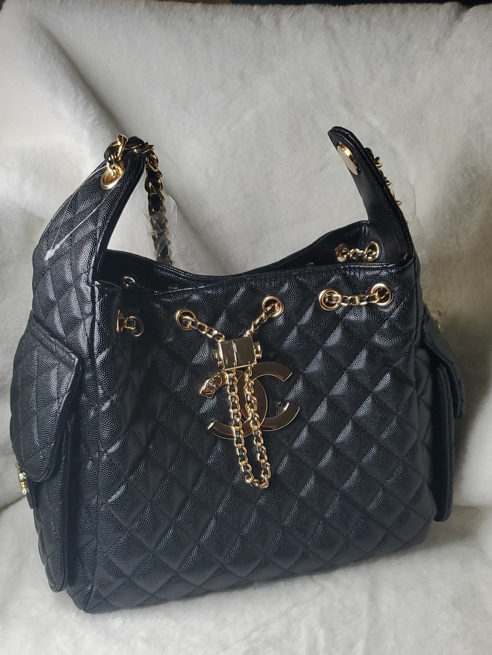 CC Boutique Black Quilted Shoulder Bag with Gold Hardware